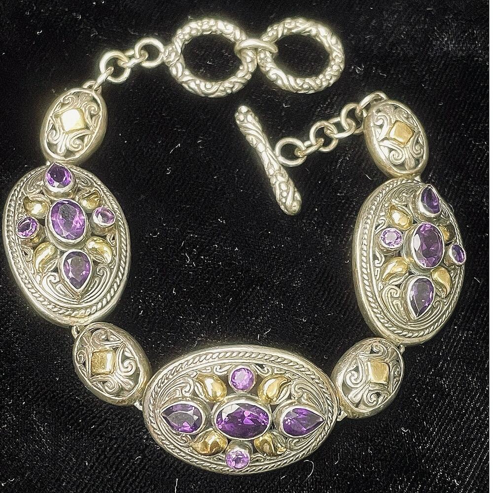 EUC - Sterling Silver & Amethyst Toggle Bracelet with 18K Gold Accents